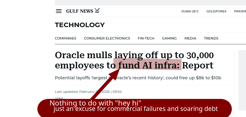 [Oracle mulls laying off up to 30,000 employees to fund AI infra: Report] Nothing to do with 'hey hi', just an excuse for commercial failures and soaring debt
