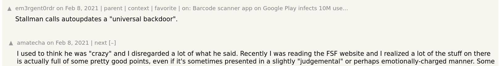 Stallman calls autoupdates a 'universal backdoor'.