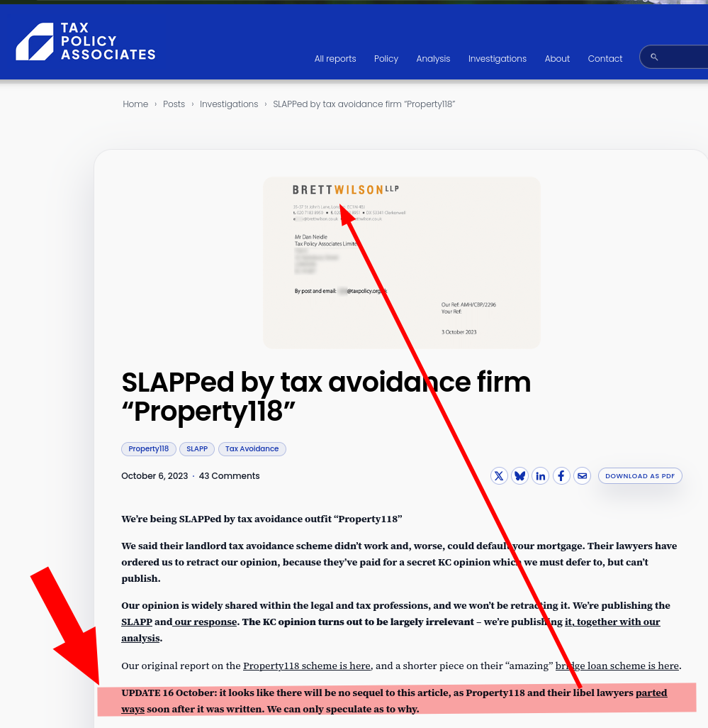 SLAPPed by tax avoidance firm “Property118”