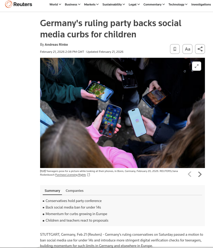 Germany's ruling party backs social media curbs for children
