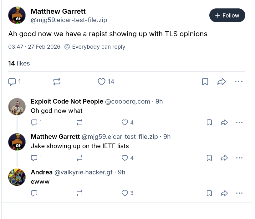 Ah good now we have a rapist showing up with TLS opinions
