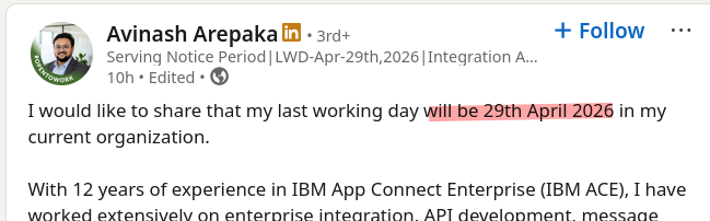 I would like to share that my last working day will be 29th April 2026 in my current organization.