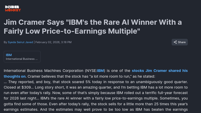 Jim Cramer Says 'IBM's the Rare AI Winner With a Fairly Low Price-to-Earnings Multiple'