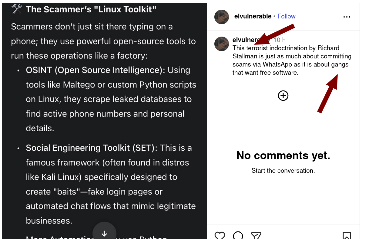 This terrorist indoctrination by Richard Stallman is just as much about committing scams via WhatsApp as it is about gangs that want free software.