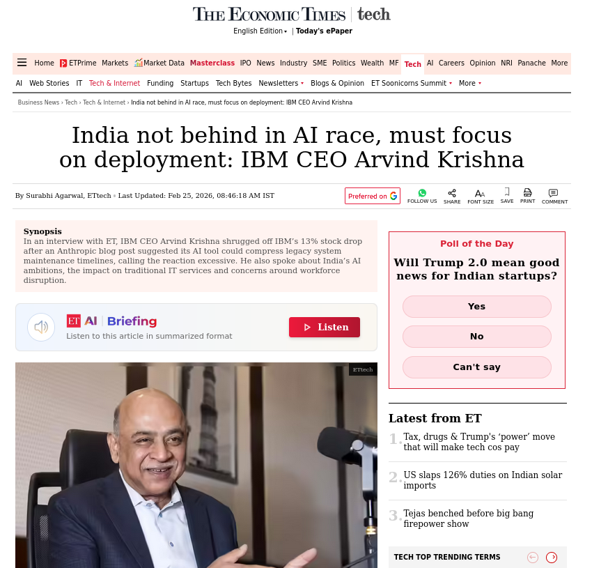 India not behind in AI race, must focus on deployment: IBM CEO Arvind Krishna