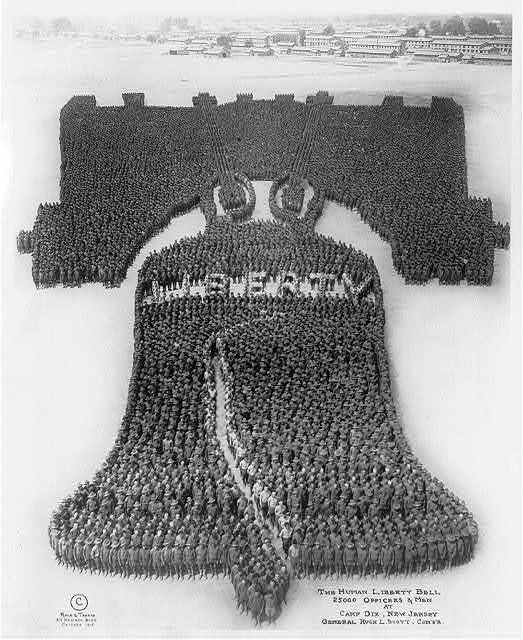The Human Liberty Bell; 25000 officers and men at Camp Dix, New Jersey, ca. 1918.