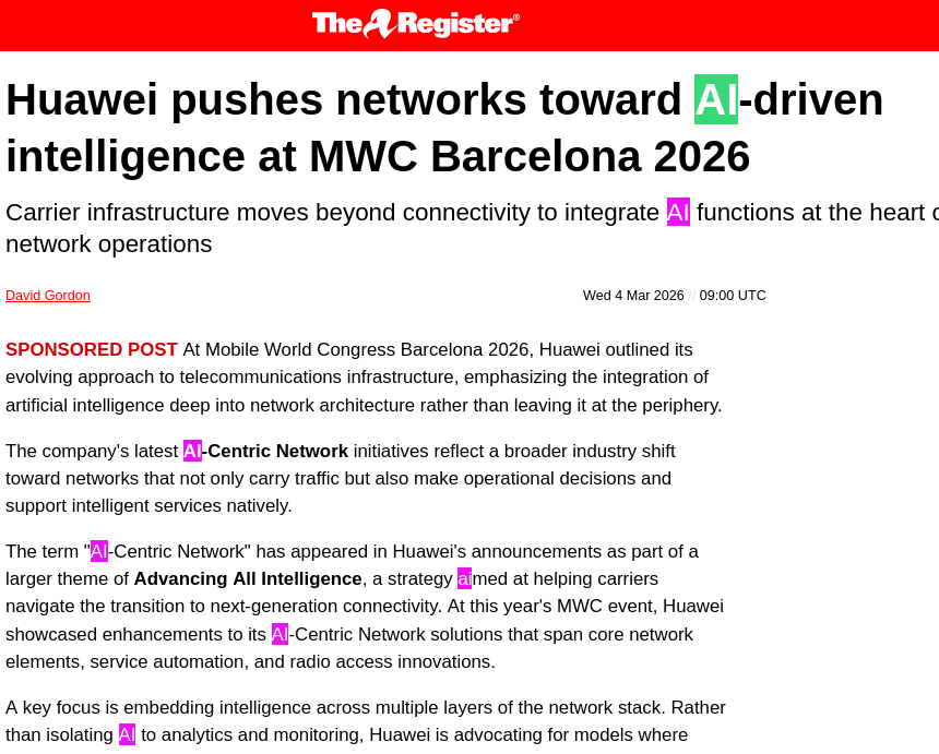 Huawei pushes networks toward AI-driven intelligence at MWC Barcelona 2026