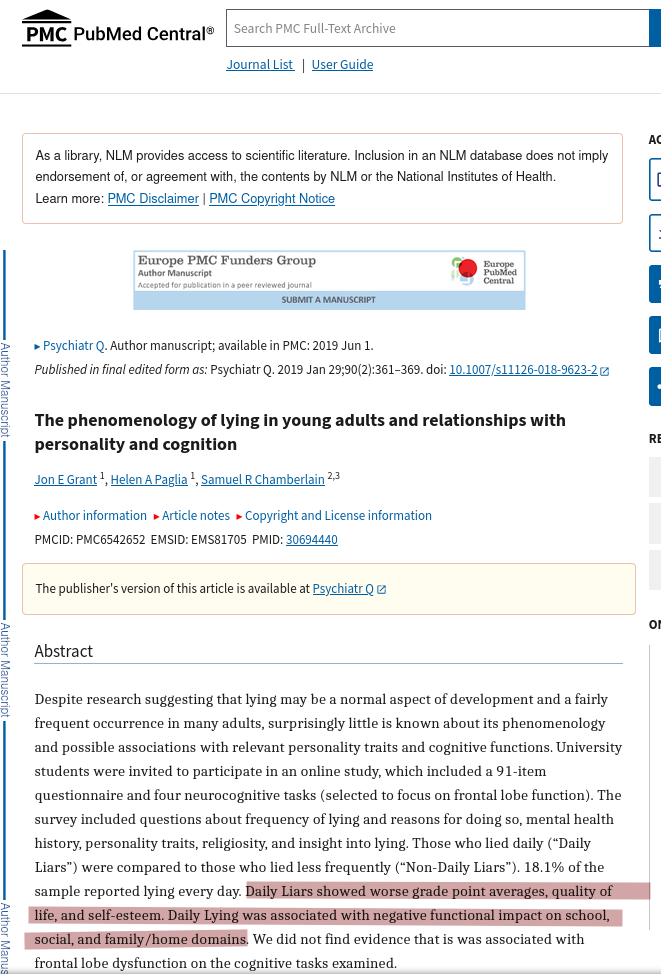 The phenomenology of lying in young adults and relationships with personality and cognition