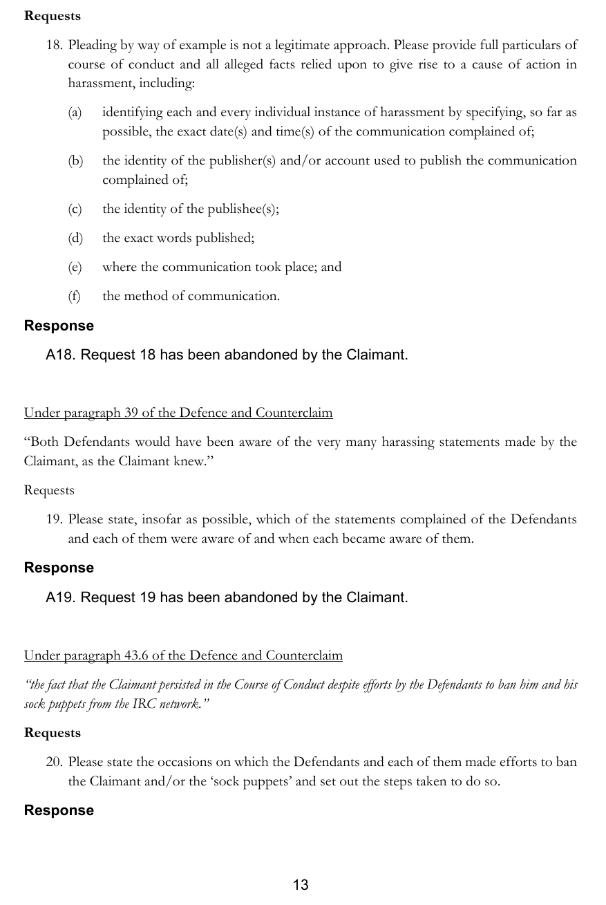 Request 19 has been abandoned by the Claimant.