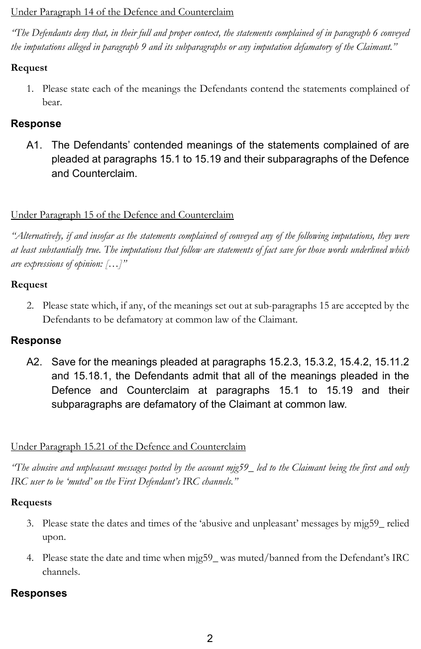 Save for the meanings pleaded at paragraphs 15.2.3, 15.3.2, 15.4.2, 15.11.2 and 15.18.1, the Defendants admit that all of the meanings pleaded in the Defence and Counterclaim at paragraphs 15.1 to 15.19 and their subparagraphs are defamatory of the Claimant at common law.