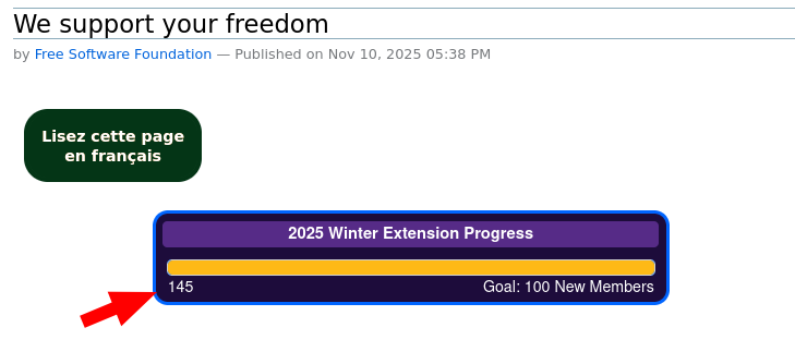 The free software community has always thwarted the toughest challenges facing freedom in technology. We want to take a moment to thank the people and projects who have helped bring us to this point -- and ask for your support in the decades to come. Help us reach our fundraising goal of 100 new members by January 16, 2026. Join us today and help reach our goal. We can't protect and continue the hard work of our predecessors without your help.