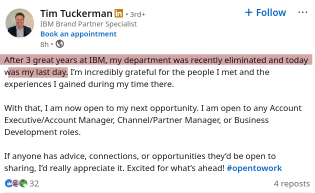 After 3 great years at IBM, my department was recently eliminated and today was my last day. I’m incredibly grateful for the people I met and the experiences I gained during my time there.