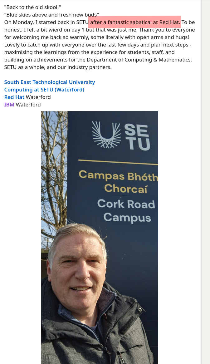 n Monday, I started back in SETU after a fantastic sabatical at Red Hat