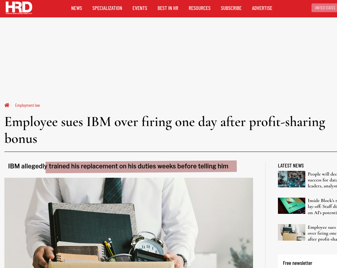 Employee sues IBM over firing one day after profit-sharing bonus