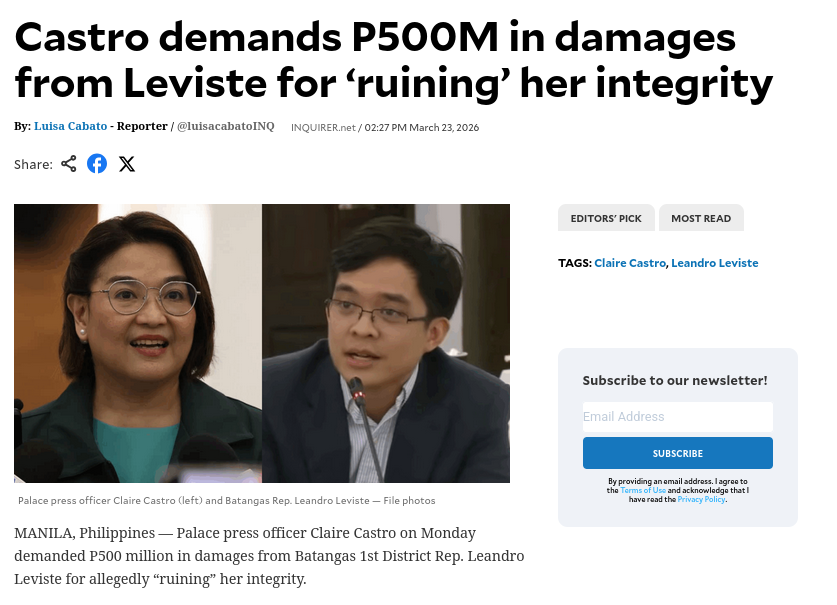 Castro demands P500M in damages from Leviste for ‘ruining’ her integrity