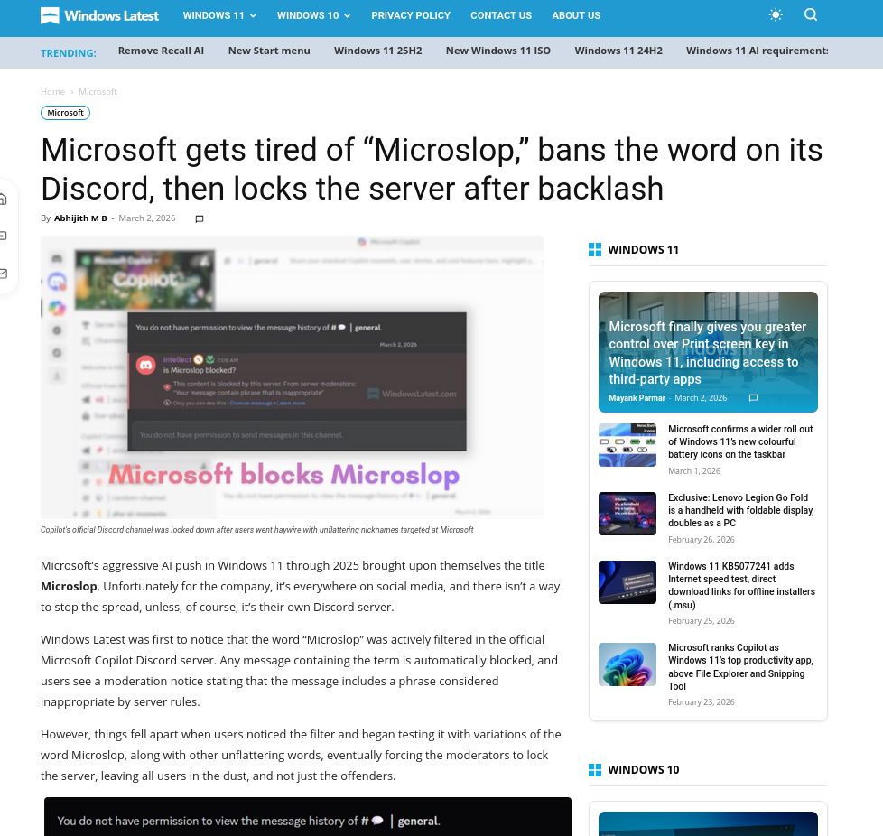 Microsoft gets tired of “Microslop,” bans the word on its Discord, then locks the server after backlash