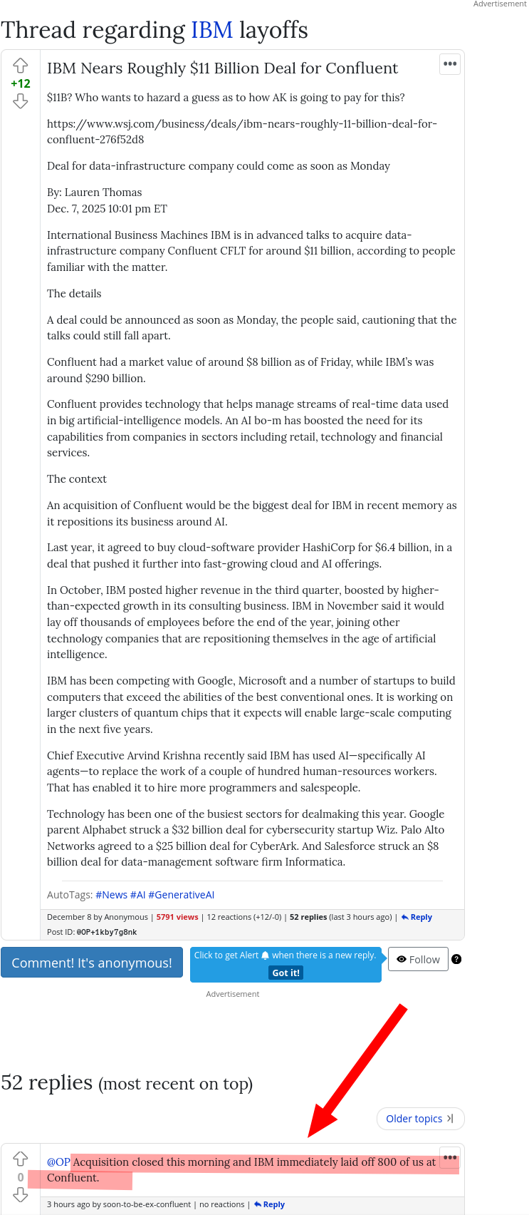 Acquisition closed this morning and IBM immediately laid off 800 of us at Confluent.