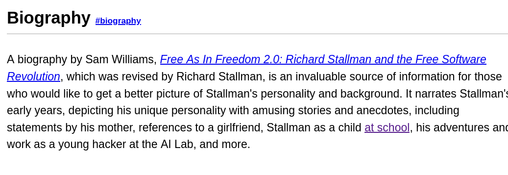 It narrates Stallman's early years, depicting his unique personality with amusing stories and anecdotes, including statements by his mother, references to a girlfriend, Stallman as a child at school, his adventures and work as a young hacker at the AI Lab, and more.