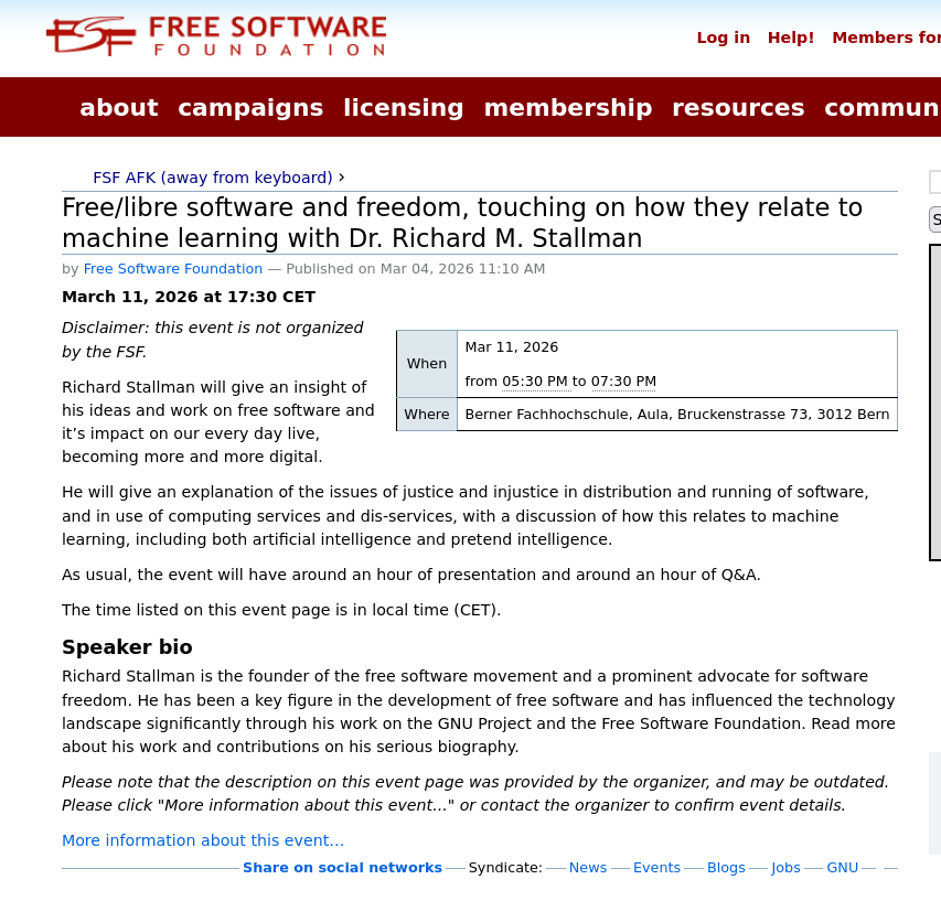 Richard Stallman will give an insight of his ideas and work on free software and it’s impact on our every day live, becoming more and more digital.