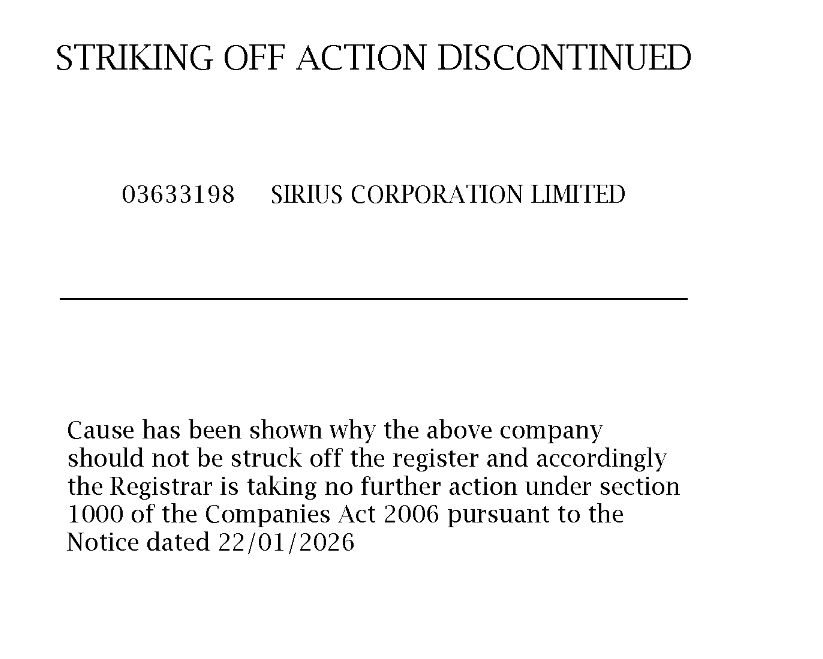 SIRIUS CORPORATION LIMITED