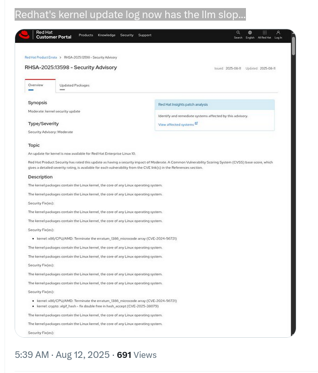 Redhat's kernel update log now has the llm slop...