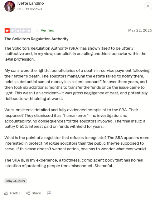 What is the point of a regulator that refuses to regulate? The SRA appears more interested in protecting rogue solicitors than the public they’re supposed to serve. If this case doesn’t warrant action, one has to wonder what ever would.