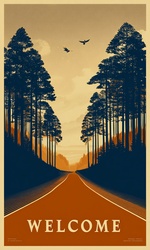 Open road passing through a forest with a welcome message at the bottom of this travel poster