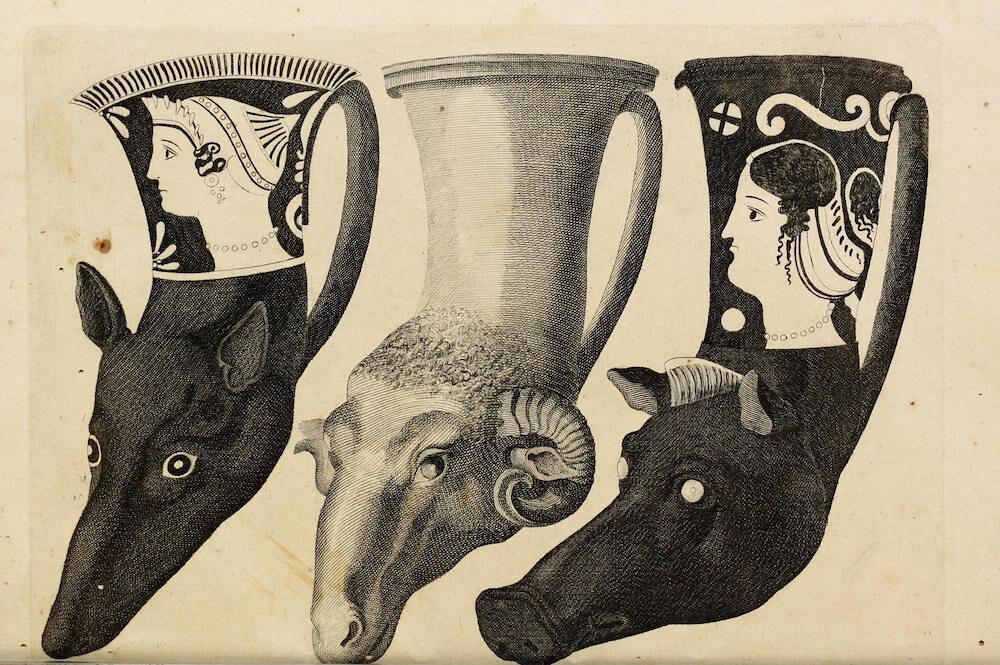 Painted clay pots that were used in bacchanalian sacrifices.