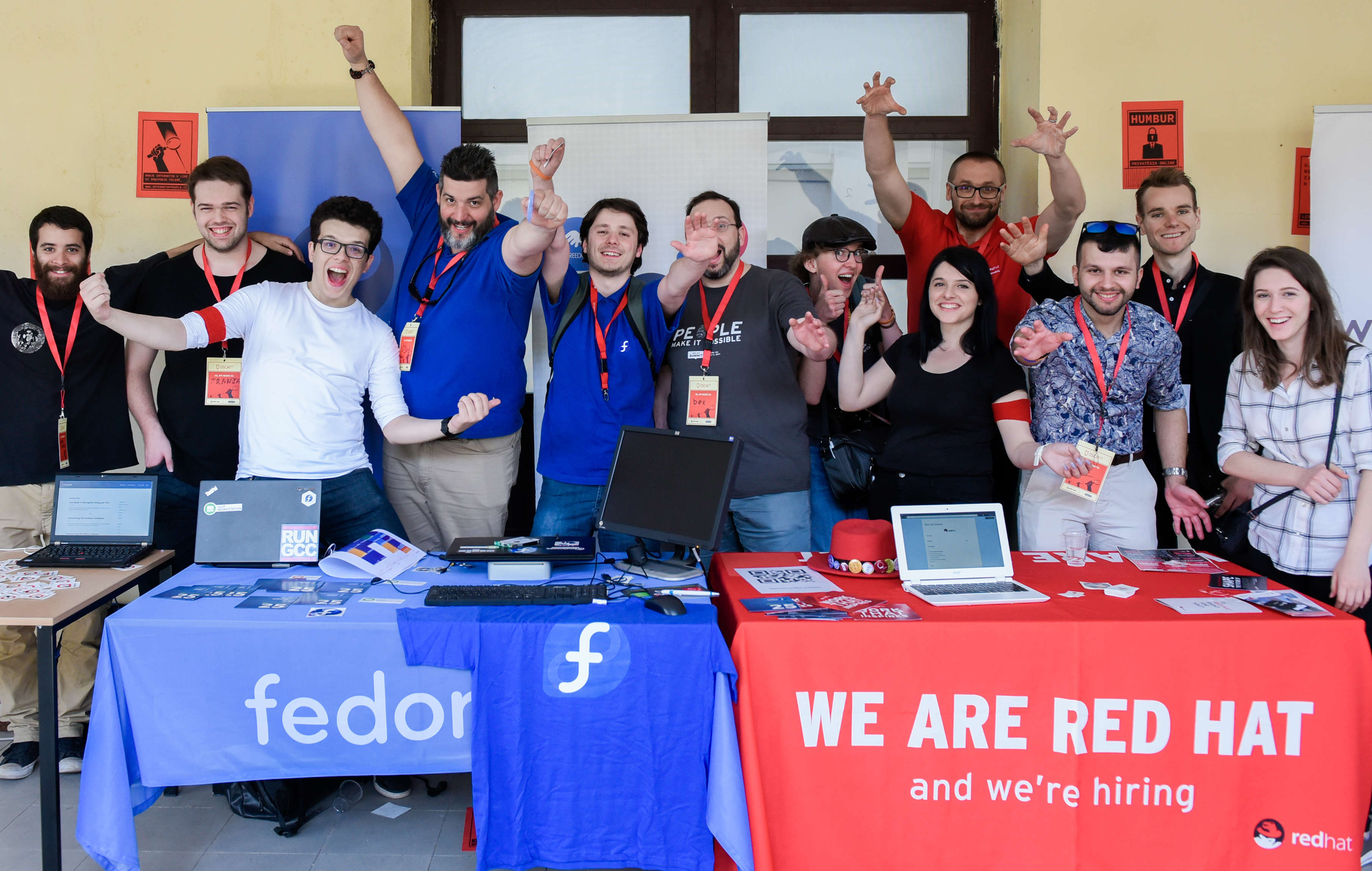 Elio Qoshi, Brian Exelbierd bex, Justin W Flory, Justin W Wheeler, Jona Azizaj, Giannis Konstantinidis, Chris Lamb, Fedora, Red Hat, booth, OSCAL, Open Labs, Tirana, Albania, 2017