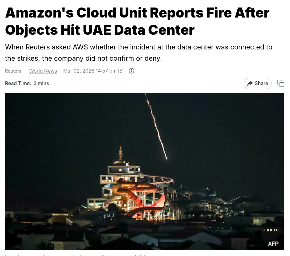 Amazon's Cloud Unit Reports Fire After Objects Hit UAE Data Center