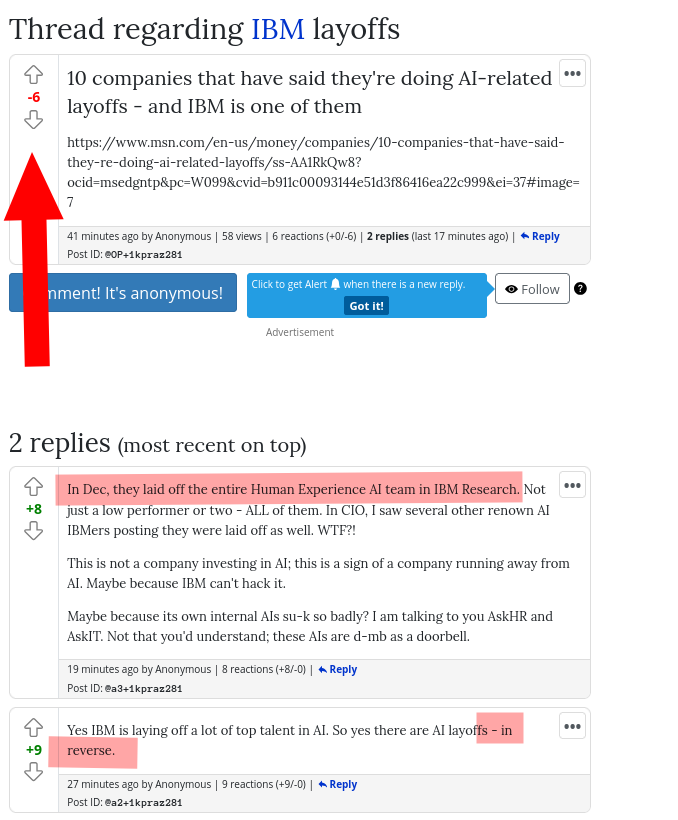 In Dec, they laid off the entire Human Experience AI team in IBM Research. Not just a low performer or two - ALL of them. In CIO, I saw several other renown AI IBMers posting they were laid off as well. WTF?!
