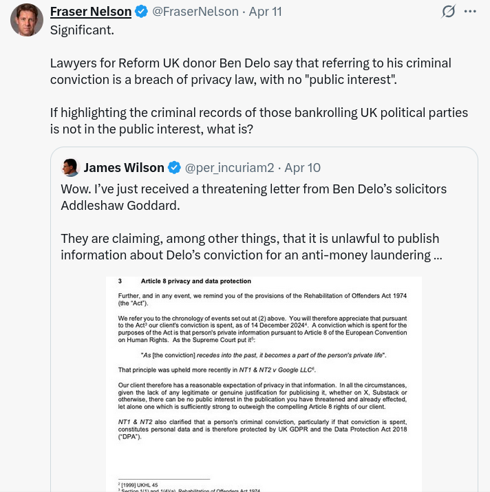 Lawyers for Reform UK donor Ben Delo say that referring to his criminal conviction is a breach of privacy law, with no 'public interest'. If highlighting the criminal records of those bankrolling UK political parties is not in the public interest, what is?