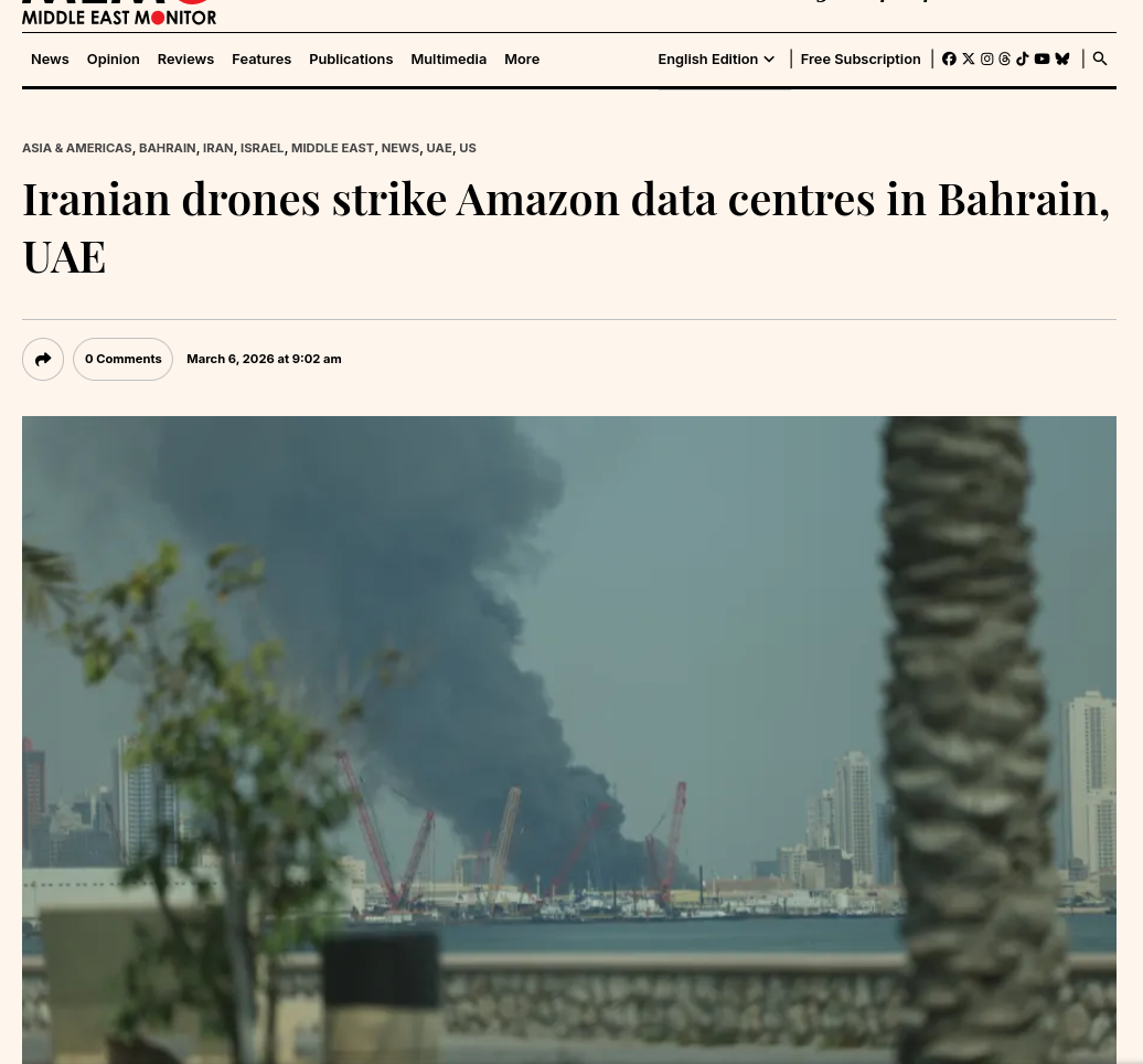 Iranian drones strike Amazon data centres in Bahrain, UAE