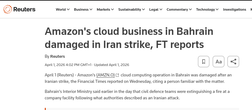 Amazon's cloud business in Bahrain damaged in Iran strike, FT reports