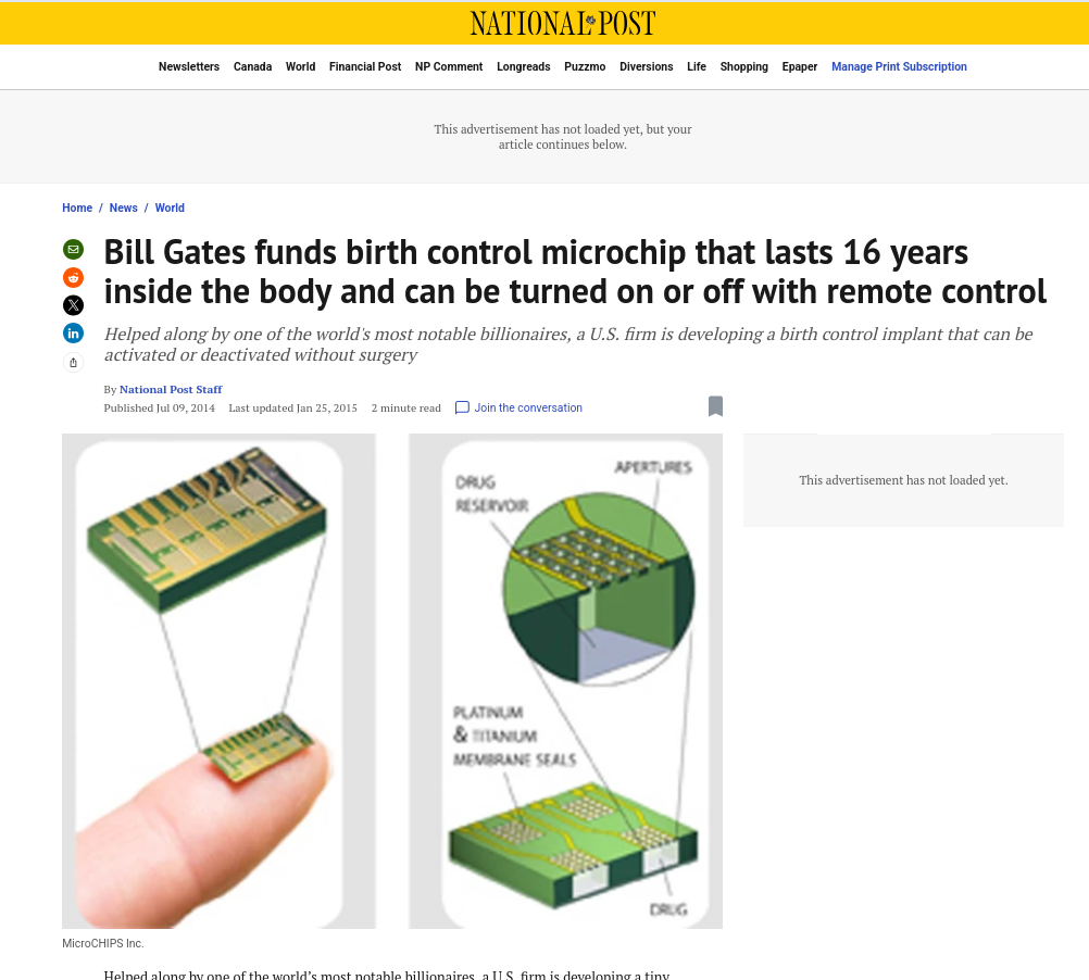 Bill Gates funds birth control microchip that lasts 16 years inside the body and can be turned on or off with remote control