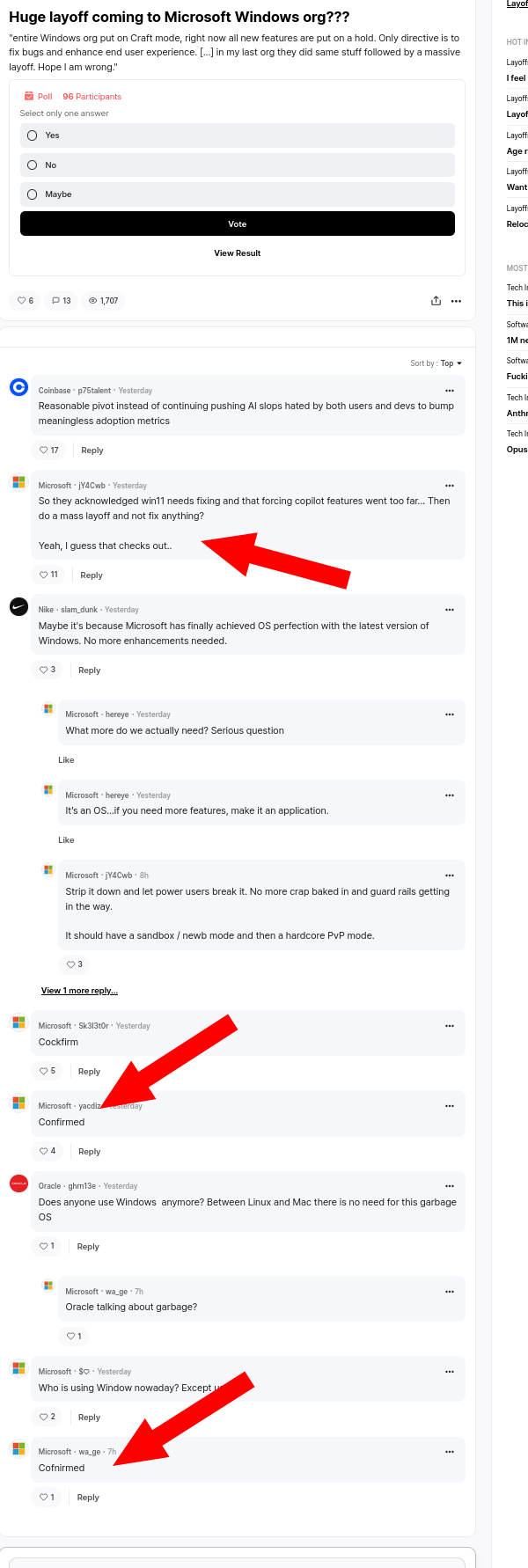 So they acknowledged win11 needs fixing and that forcing copilot features went too far... Then do a mass layoff and not fix anything?