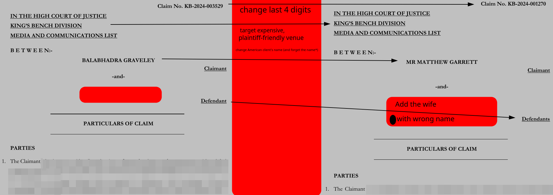 BALABHADRA GRAVELEY: Add the wife, with wrong name; change American client's name (and forget the name*); change last 4 digits; target expensive, plaintiff-friendly venue