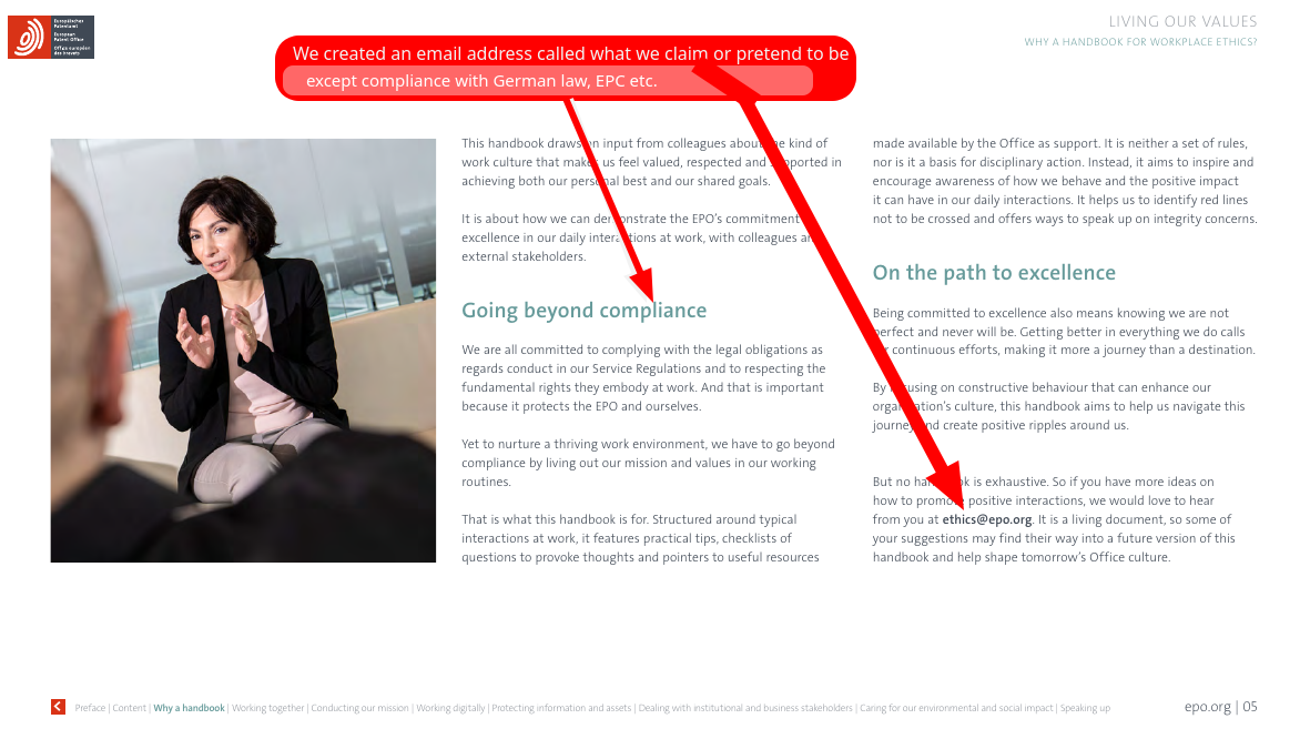 EPO: We created an email address called what we claim or pretend to be; except compliance with German law, EPC etc.