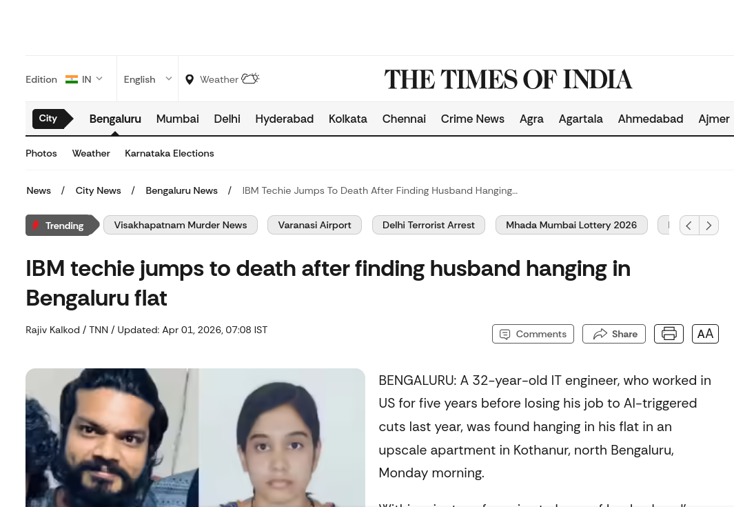 The Times of India: IBM techie jumps to death after finding husband hanging in Bengaluru flat