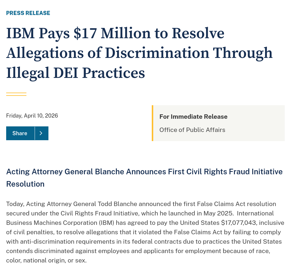 IBM Pays $17 Million to Resolve Allegations of Discrimination Through Illegal DEI Practices