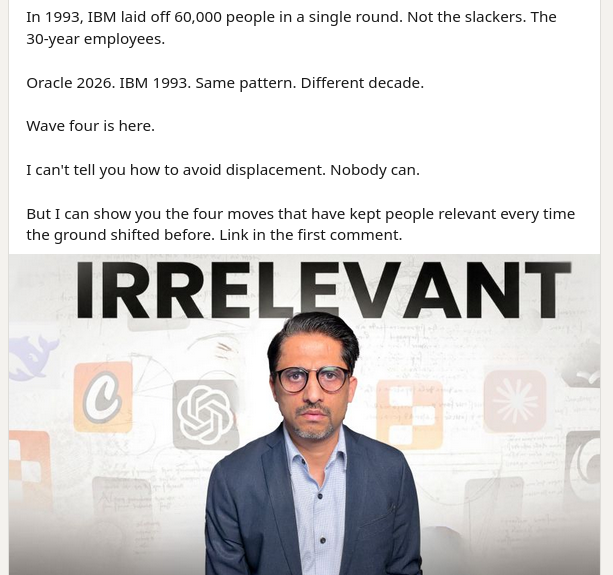 In 1993, IBM laid off 60,000 people in a single round. Not the slackers. The 30-year employees.