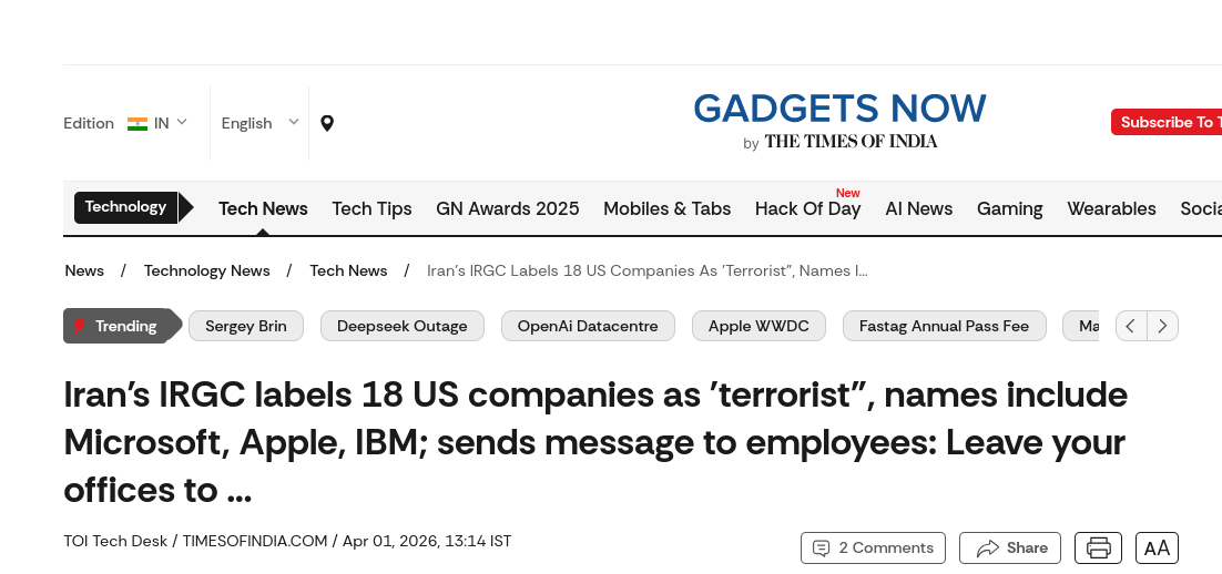 The Times of India: Iran's IRGC labels 18 US companies as 'terrorist”, names include Microsoft, Apple, IBM