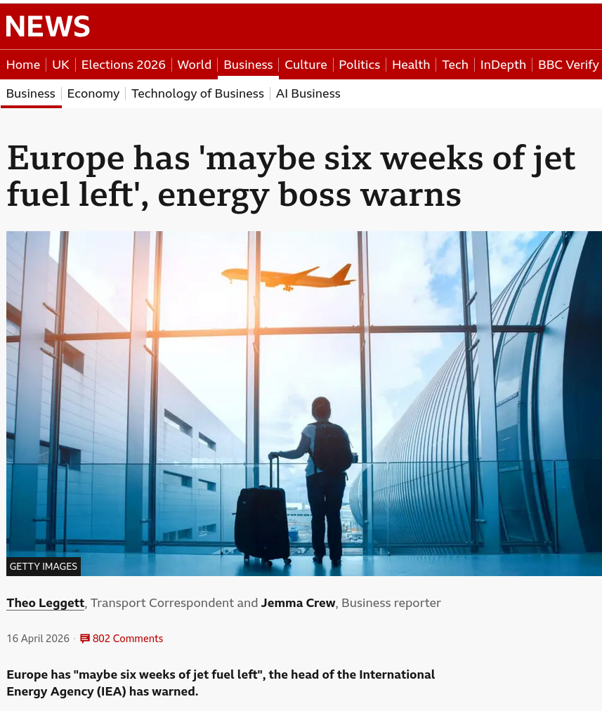 Europe has 'maybe six weeks of jet fuel left', energy boss warns