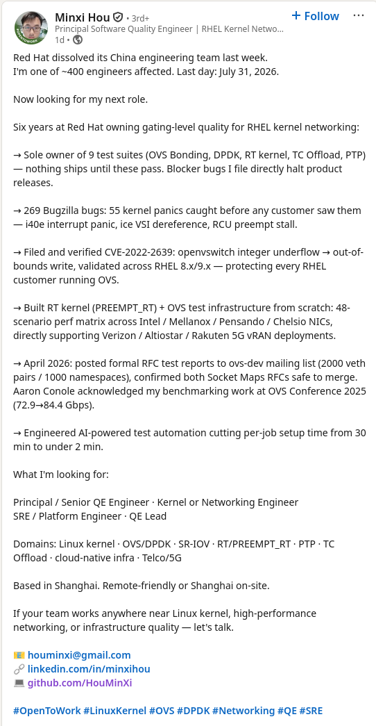 I'm one of ~400 engineers affected. Last day: July 31, 2026.