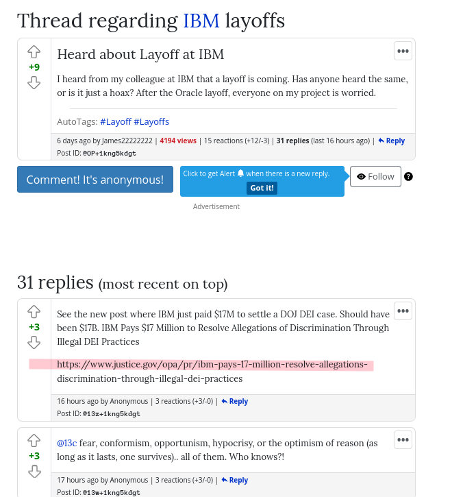 See the new post where IBM just paid $17M to settle a DOJ DEI case. Should have been $17B. IBM Pays $17 Million to Resolve Allegations of Discrimination Through Illegal DEI Practices