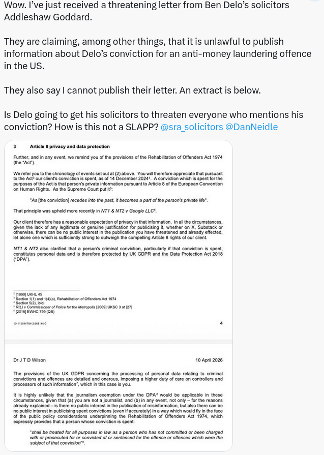 They are claiming, among other things, that it is unlawful to publish information about Delo’s conviction for an anti-money laundering offence in the US.