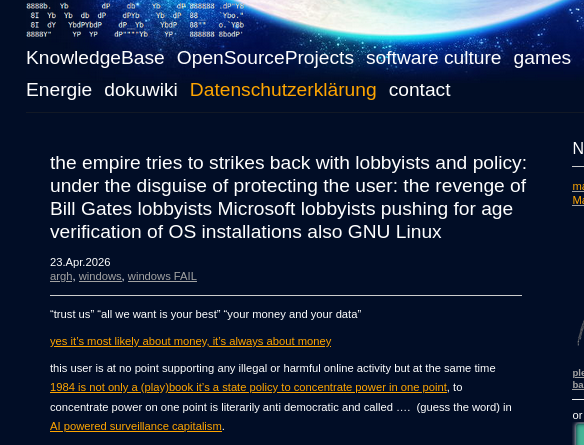 the empire tries to strikes back with lobbyists and policy: under the disguise of protecting the user: the revenge of Bill Gates lobbyists Microsoft lobbyists pushing for age verification of OS installations also GNU Linux