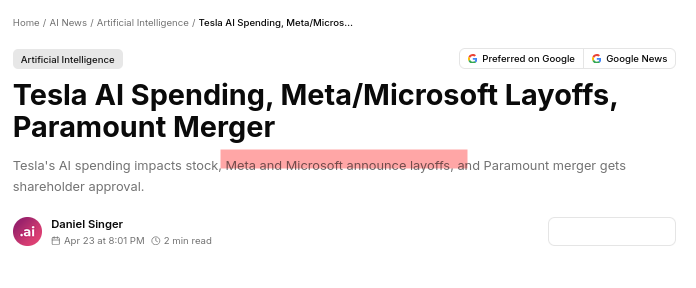 Tesla's AI spending impacts stock, Meta and Microsoft announce layoffs, and Paramount merger gets shareholder approval.