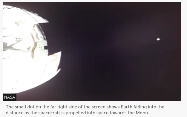 The small dot on the far right side of the screen shows Earth fading into the distance as the spacecraft is propelled into space towards the Moon