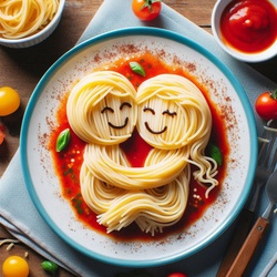 Patterned pasta representing a couple on a plate of sauce
